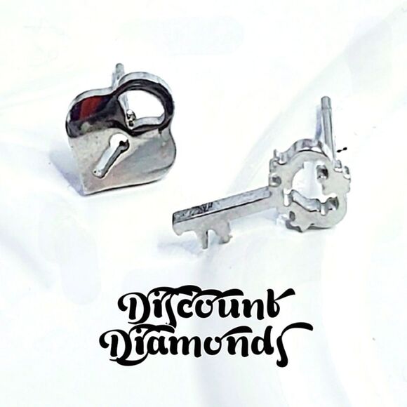 Silver Titanium Lock and Key Stud Pushback Earrings. - Picture 1 of 8